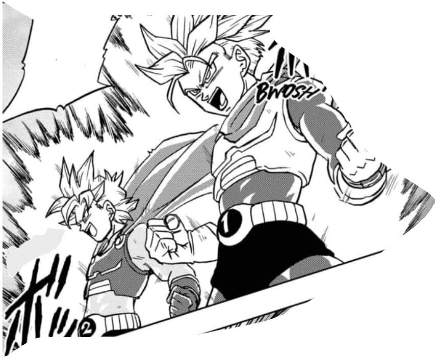 Goten e Trunks come Great Saiyamen trasformati in Super Saiyan (SSJ) nel capitolo 97 di Dragon Ball Super.